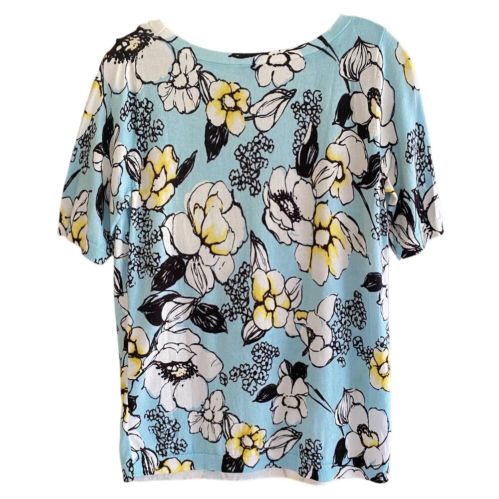 TALBOTS M Floral Cotton Rayon Knit Short Sleeve Pullover Top Light Blue